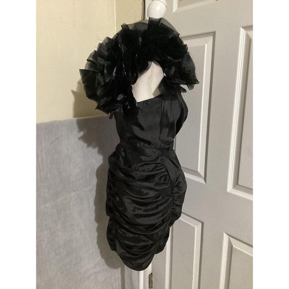 Mable Dress Womens Medium Black Ruched Mini Puff Sleeve Deep V Waist Tie MDB438 - Picture 3 of 7